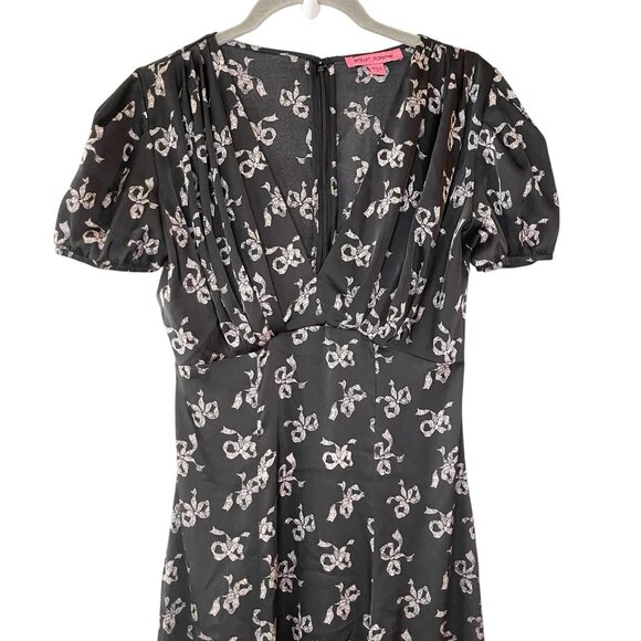 Betsey Johnson Classic Bow‎ Print A-Line Satin Midi Dress V-Neck Coquette Tea 0 - Picture 3 of 8